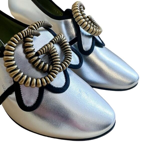 Gucci Bloom Marmont Silver GG Logo Heeled Loafers 40 - Picture 3 of 13
